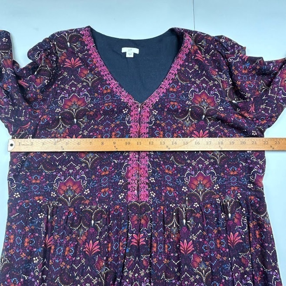 J Jill Dress Womens Large Purple Floral Embroidered Preppy Modest Peasant V Neck - Picture 11 of 14
